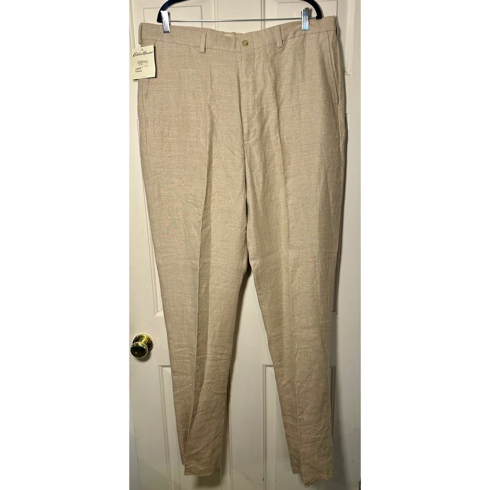 Eddie Bauer Mens 40 Tall Belgian Linen Dress Pants Flax Tan Flat Front NWT READ‎
